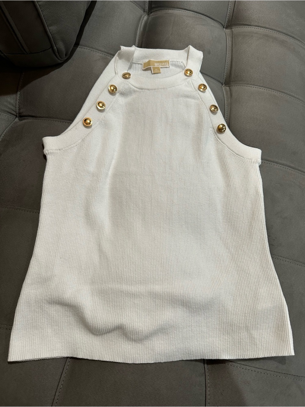 MICHAEL Michael Kors White Sleeveless Ribbed Tank with Gold Buttons
